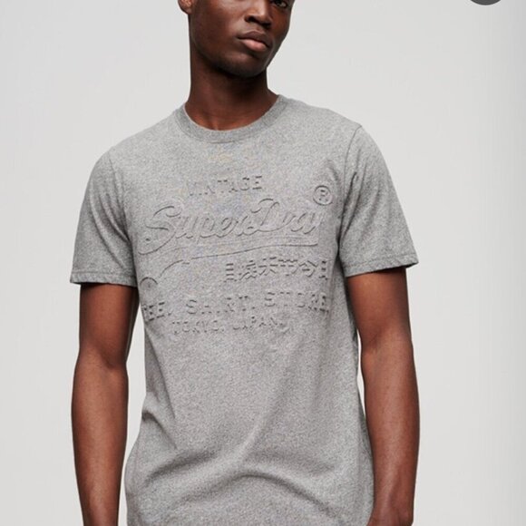 SuperDry Gray Men's Vintage Logo Store Embossed Short Sleeve T Shirt Size Small - Picture 1 of 12